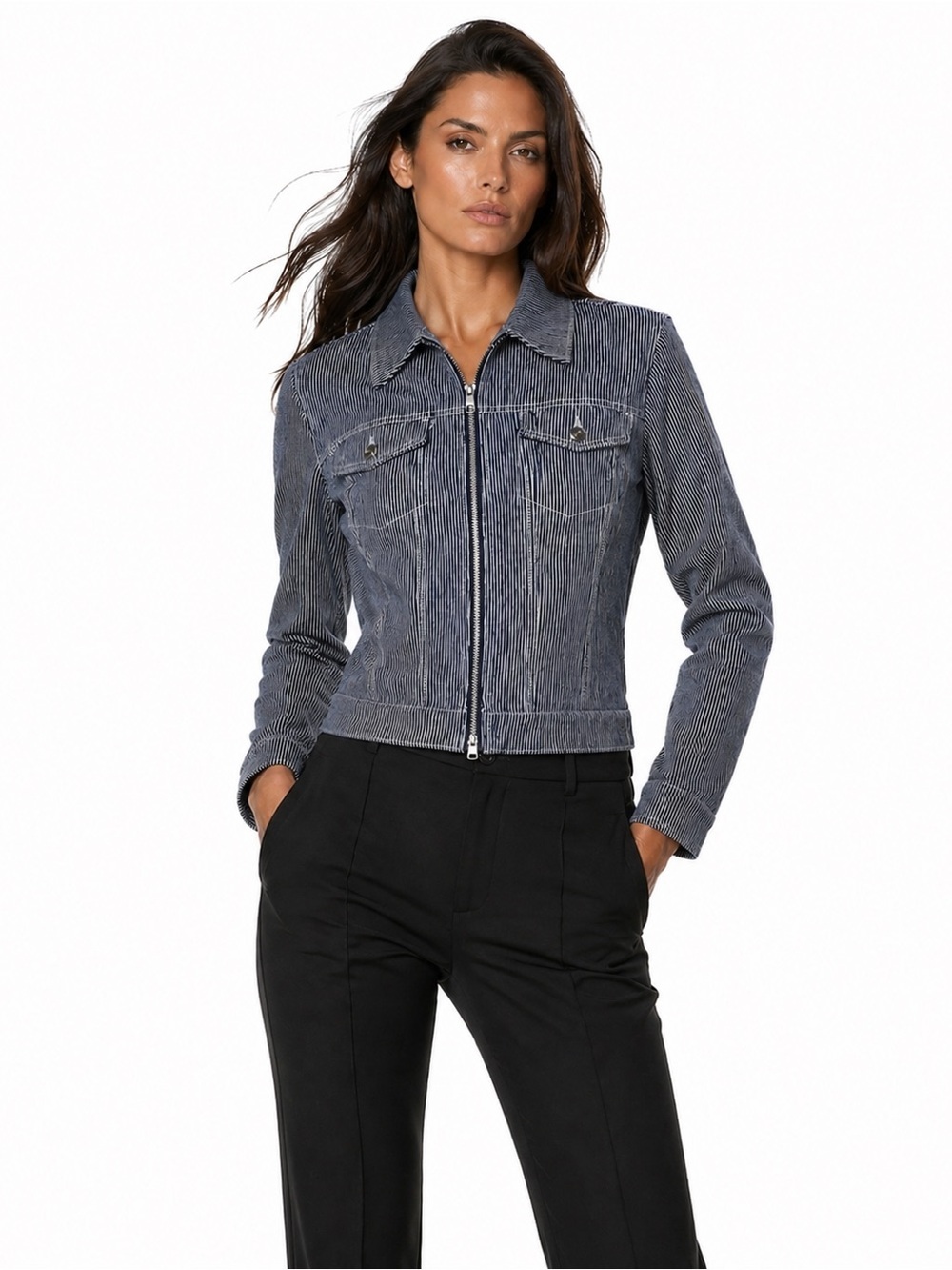 Norma Kamali Cotton Striped Zip Front Denim Jacket Blue White Size Large Outdoor